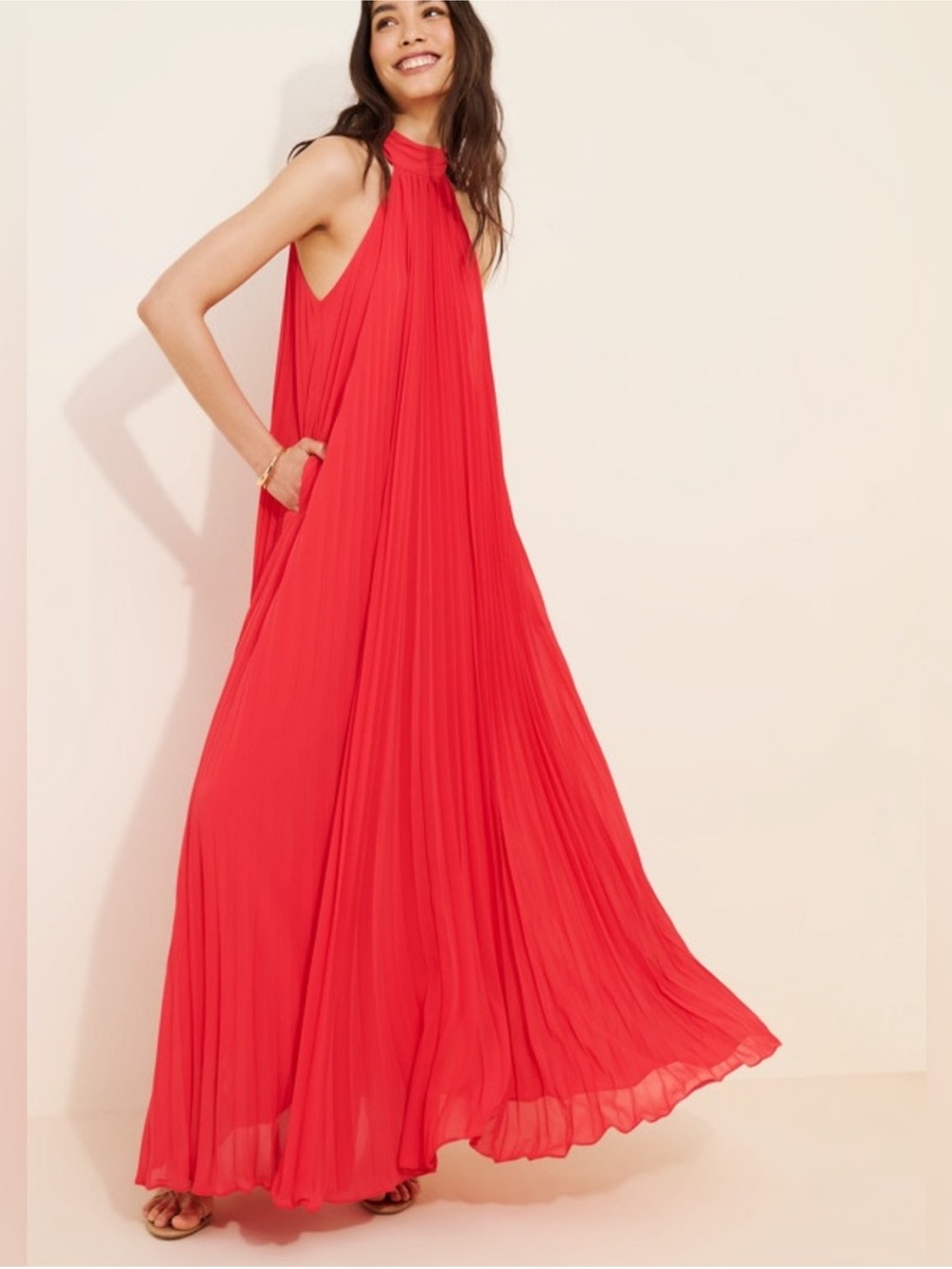 BHLDN Rosie High-Neck Pleated Chiffon Maxi DressRed Gown Size small